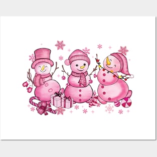 Pink Crhistmas Snowman Posters and Art